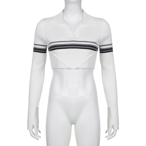Women's color contrast stripe splicing super short open navel waistband T-shirt Sexy V-neck special cuffs shirt