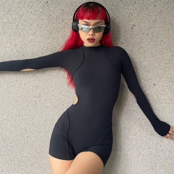 Women's solid color long sleeve hollow slim hip lifting exercise yoga jumpsuit