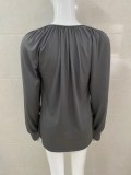 Solid round neck casual pleated long sleeve top
