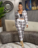 Plaid zipper fashionable casual sports two-piece set