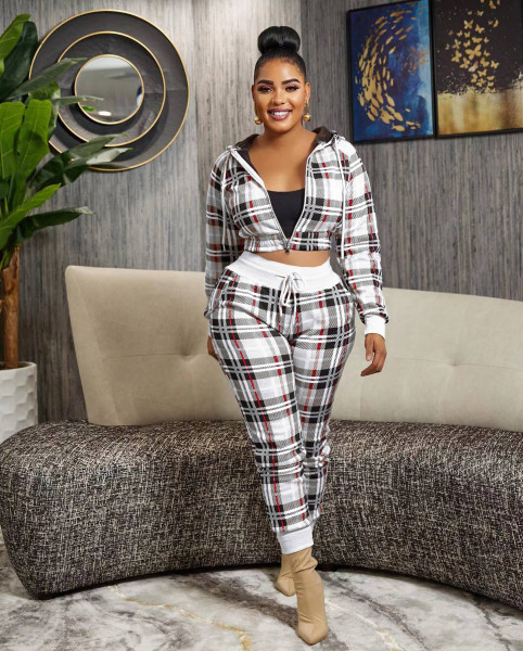 Plaid zipper fashionable casual sports two-piece set
