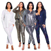 Fashion bright gold stamping shirt casual two-piece set Fashion bright gold stamping shirt casual two-piece set