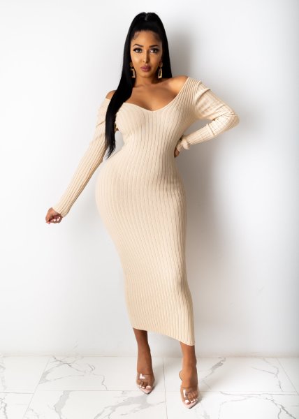 V-neck off shoulder threaded sexy oversize dress