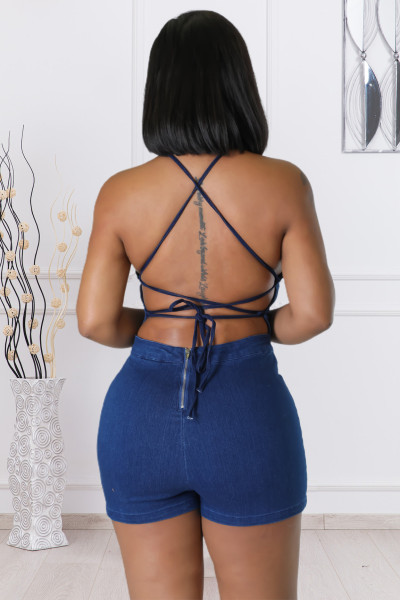 Casual fashion slim backless bandage denim jumpsuit