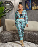Plaid zipper fashionable casual sports two-piece set