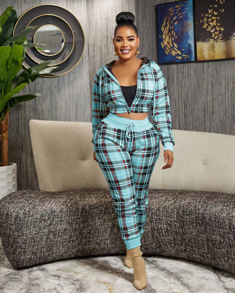 Plaid zipper fashionable casual sports two-piece set