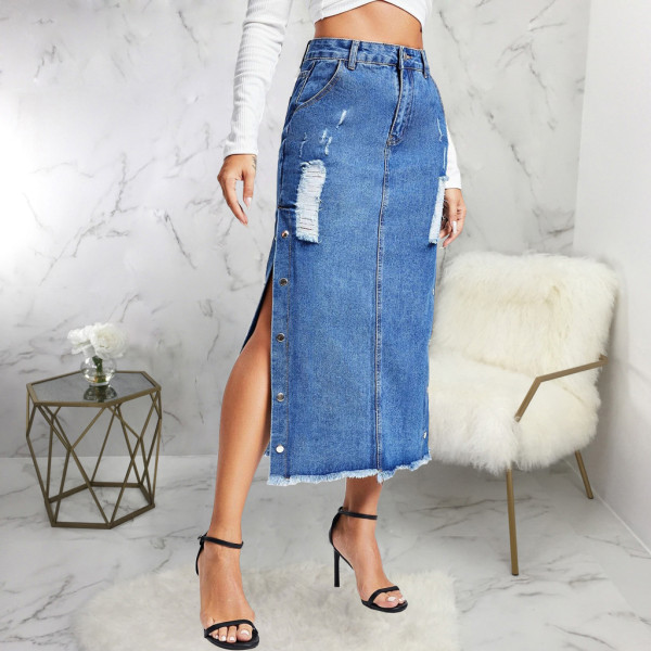Fashion trend rivet wrap buttocks stretch denim long skirt