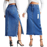 Fashion trend rivet wrap buttocks stretch denim long skirt