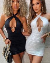 Sexy cross neck lace up sleeveless V-neck slim pleated hip wrap skirt Sexy cross neck lace up sleeveless V-neck slim pleated hip wrap skirt