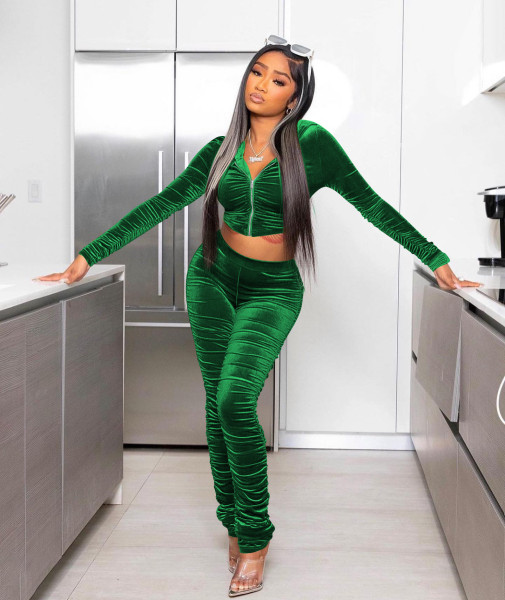 Fashion open waist dense velvet casual hood pleated two-piece set