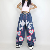 Printed Loose Slim Jeans Spice Girl Low Waist Lace up Casual Straight Pants