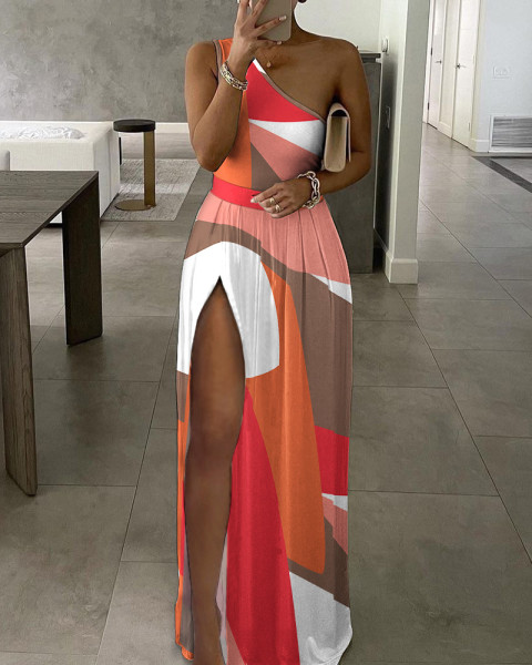 Fashion mature women's white sexy one shoulder side slit waist long dress dress