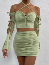 Women's two-piece long sleeved short skirt sexy low cut lace up flared sleeve hip wrap skirt