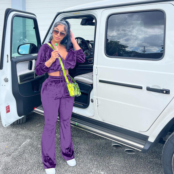 Two piece solid drawstring flare pants