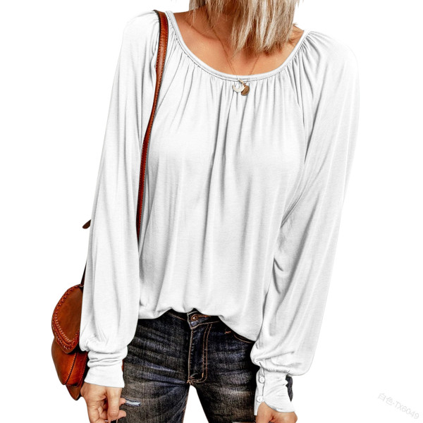 Solid round neck casual pleated long sleeve top