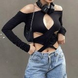 Personality hollow solid color slim sexy long neck sleeve one-piece shirt