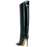 Sexy pointy toe thin heel patent leather nightclub catwalk stage high boots no more than knee high side zipper performance boots