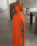 Fashion mature women's white sexy one shoulder side slit waist long dress dress