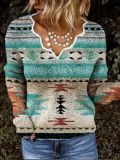 Wave embroidered V-neck pullover knitted T-shirt cashmere sweater