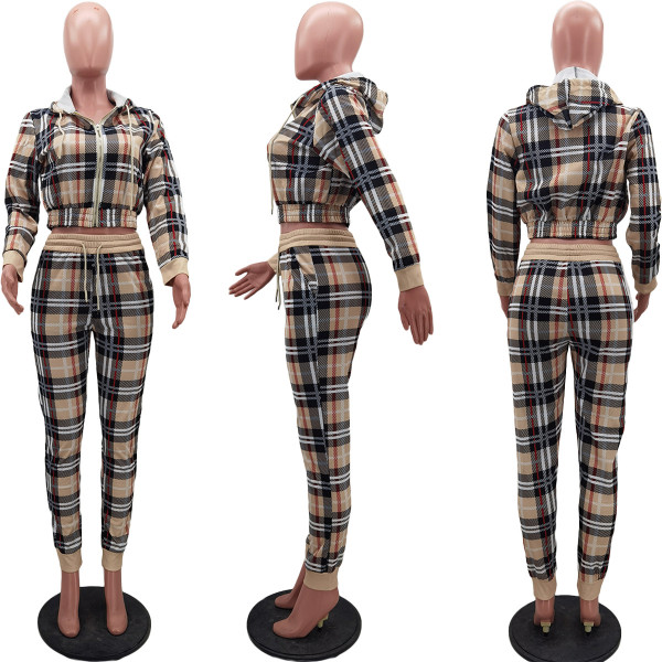 Plaid zipper fashionable casual sports two-piece set