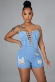 Casual fashion slim backless strap denim jumpsuit