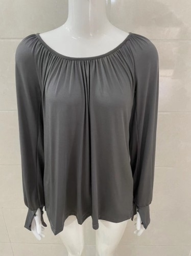 Solid round neck casual pleated long sleeve top