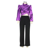 Autumn and Winter High Collar Bubble Sleeve Top Lantern Sleeve Open Umbilical Zipper Shirt