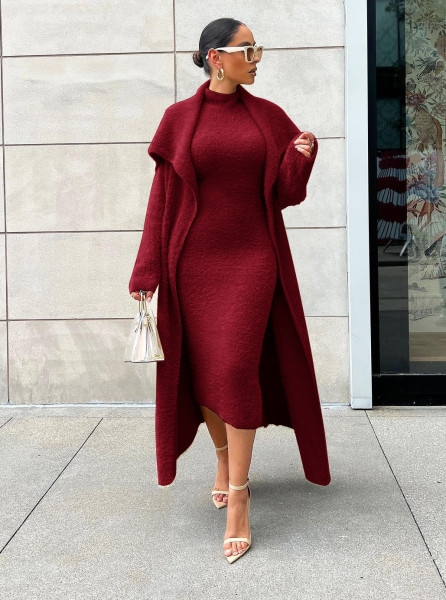 Autumn and winter temperament dress coat two-piece loose belt long cardigan suit