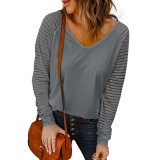 Hollow stripe long sleeve top large simple V-neck fashionable women's dress