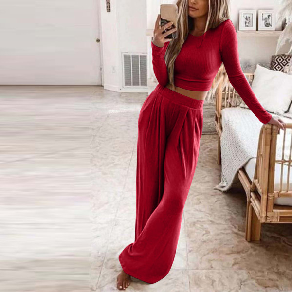 Solid knitted casual two-piece home suit