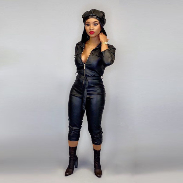 Autumn and winter long sleeved PU leather jumpsuit