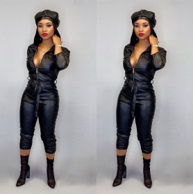 Autumn and winter long sleeved PU leather jumpsuit
