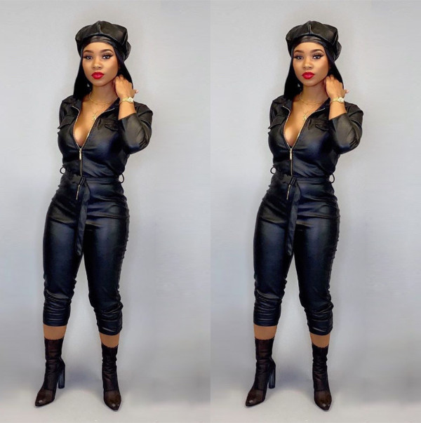 Autumn and winter long sleeved PU leather jumpsuit