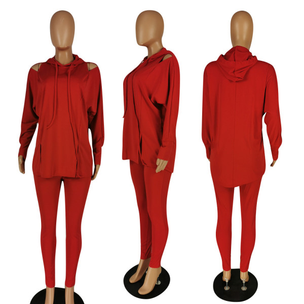 Fashion women's solid color off shoulder hooded two-piece set