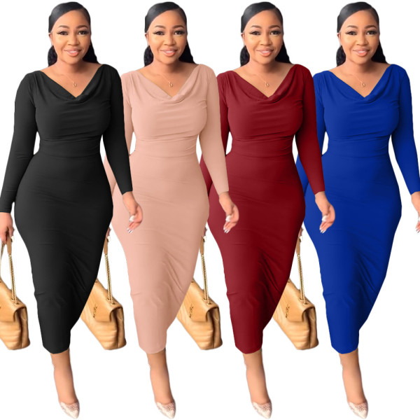 Fashion casual long sleeve V-neck multicolor dress evening dress