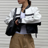 Leather color contrast stand collar zipper short coat