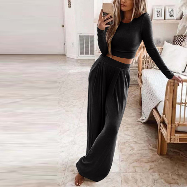 Solid knitted casual two-piece home suit