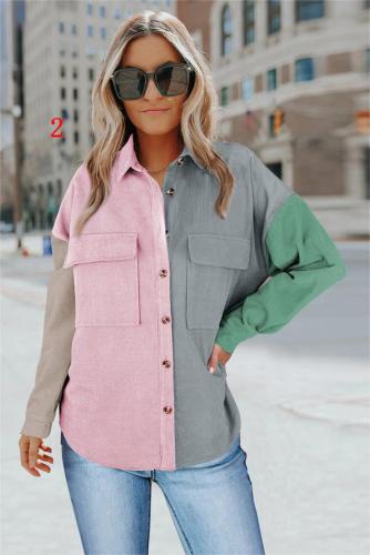 Color block splicing autumn shirt loose long sleeve single breasted shirt