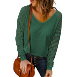 Hollow stripe long sleeve top large simple V-neck fashionable women's dress