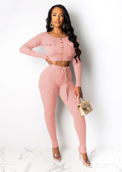 Fashion casual long sleeve pit strip two-piece set