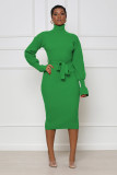 Women's solid color high neck knitted lace dress
