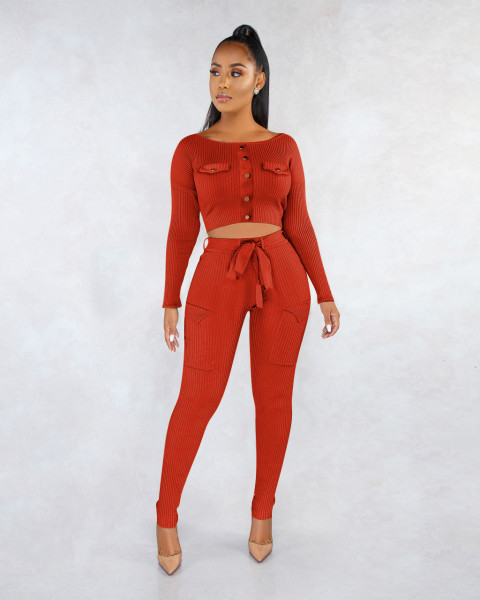 Fashion casual long sleeve pit strip two-piece set