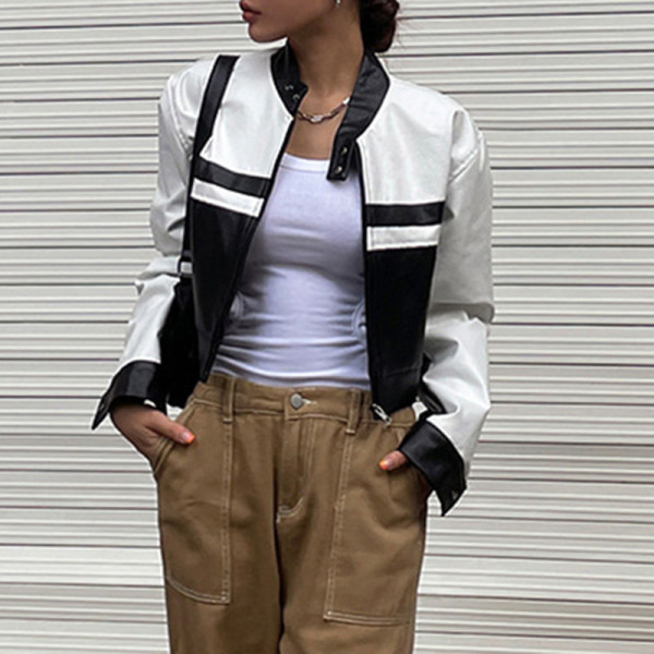 Leather color contrast stand collar zipper short coat