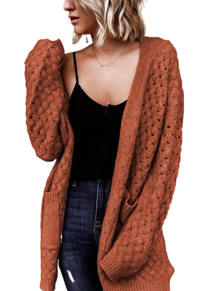 Brown pocket cardigan medium long cardigan coat