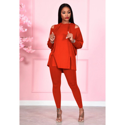 Fashion women's solid color off shoulder hooded two-piece set