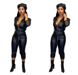 Autumn and winter long sleeved PU leather jumpsuit