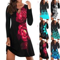Casual flower round neck long sleeve one-piece Casual flower round neck long sleeve one-piece