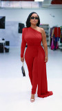 Fashion casual diagonal shoulder irregular solid color jumpsuit party evening dress