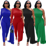 Fashion casual diagonal shoulder irregular solid color jumpsuit party evening dress