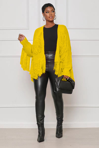 Women's solid color knitting tassel short cardigan coat
